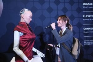 Sophia, the AI Robot interacts with attendees